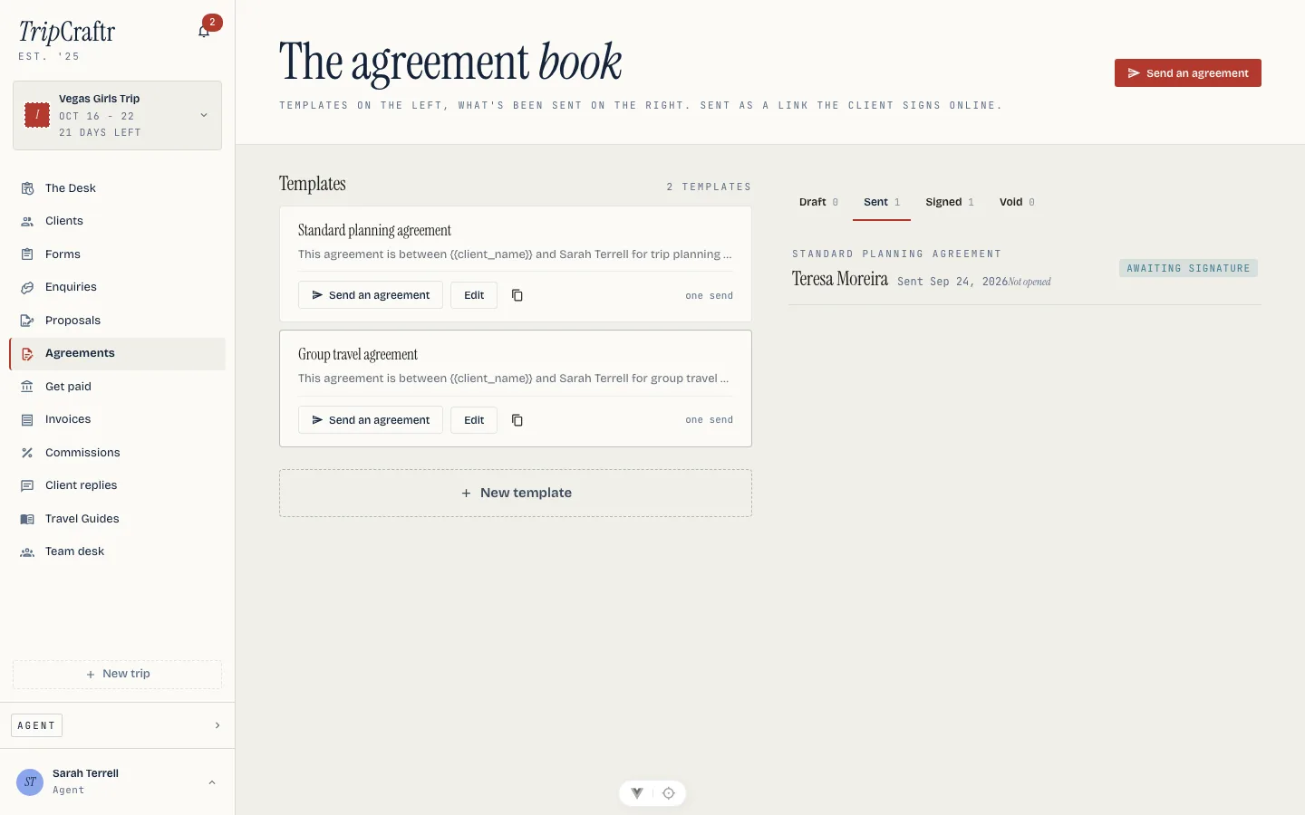The agreement book, templates on the left and what has been sent on the right