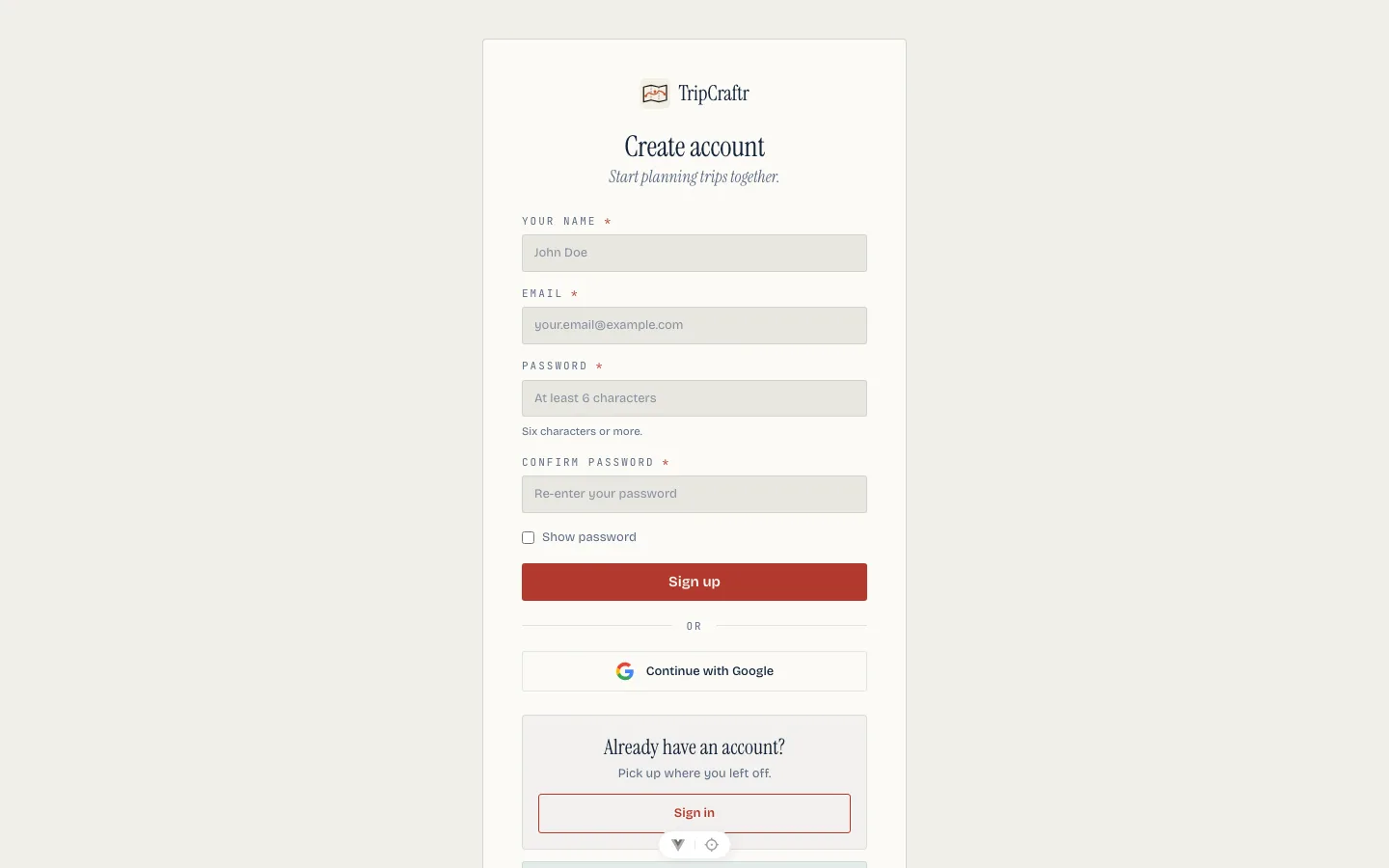 The sign-up page with name, email and password fields