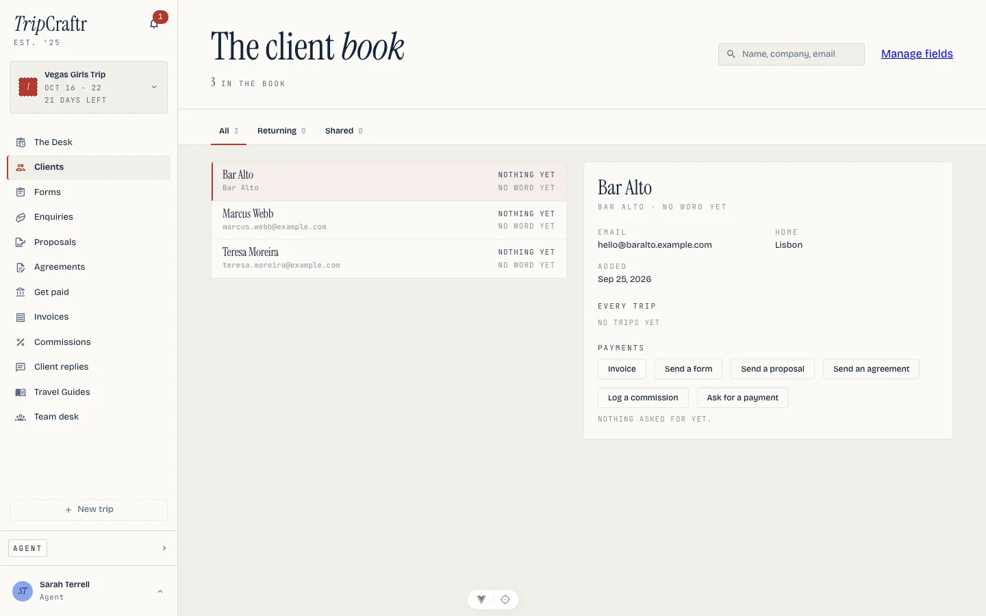 The little black book, one row per contact