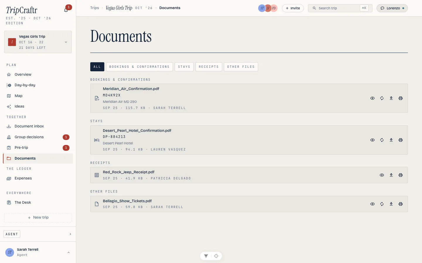 The documents wallet, filtered chips by kind