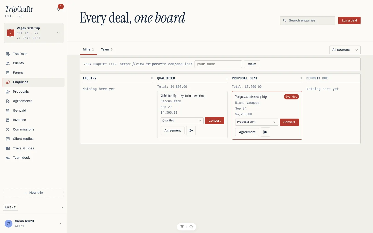 The enquiries board, deals in columns by stage