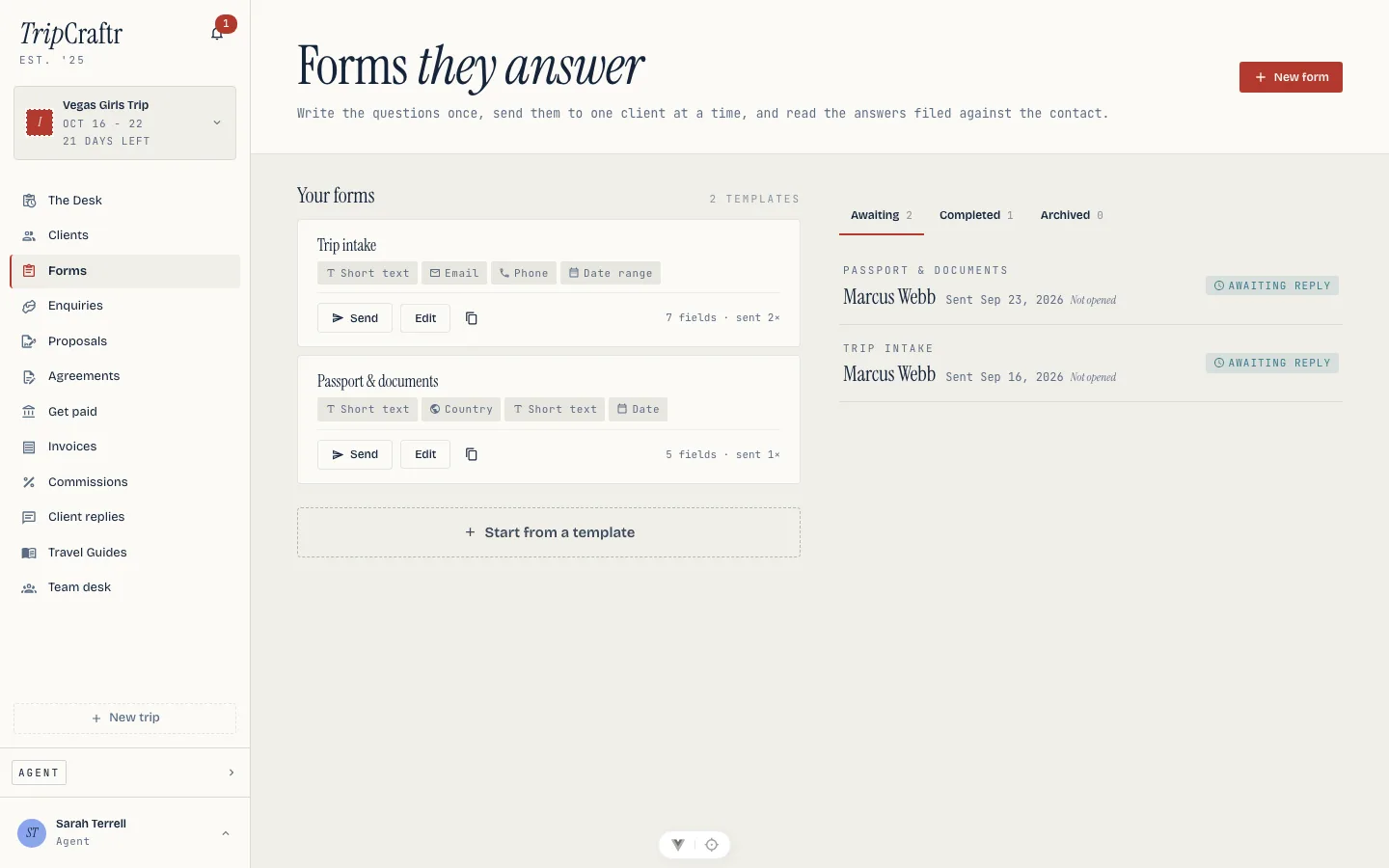 The forms board, templates on the left and what has been sent on the right