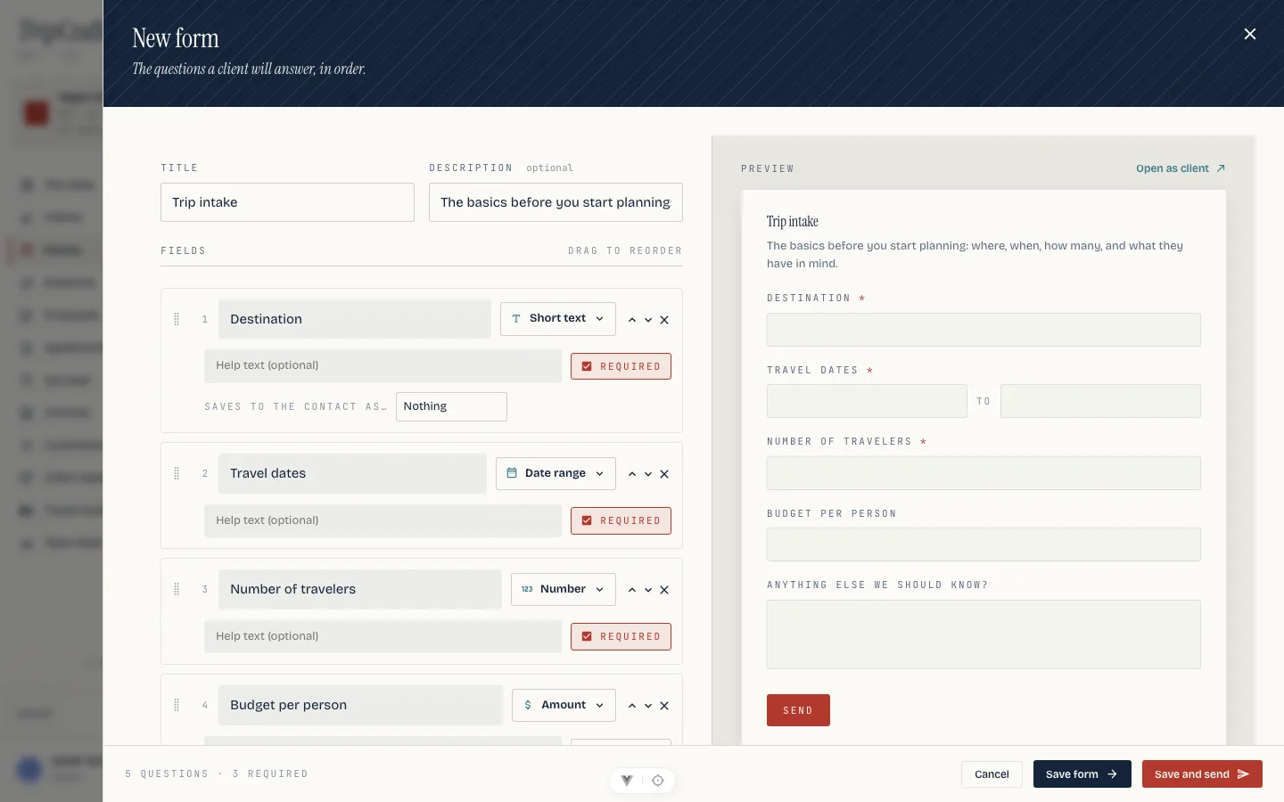 The builder, questions on the left and the client page on the right