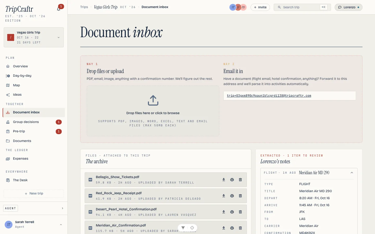 The inbox: upload, the email address, the archive and Lorenzo's notes