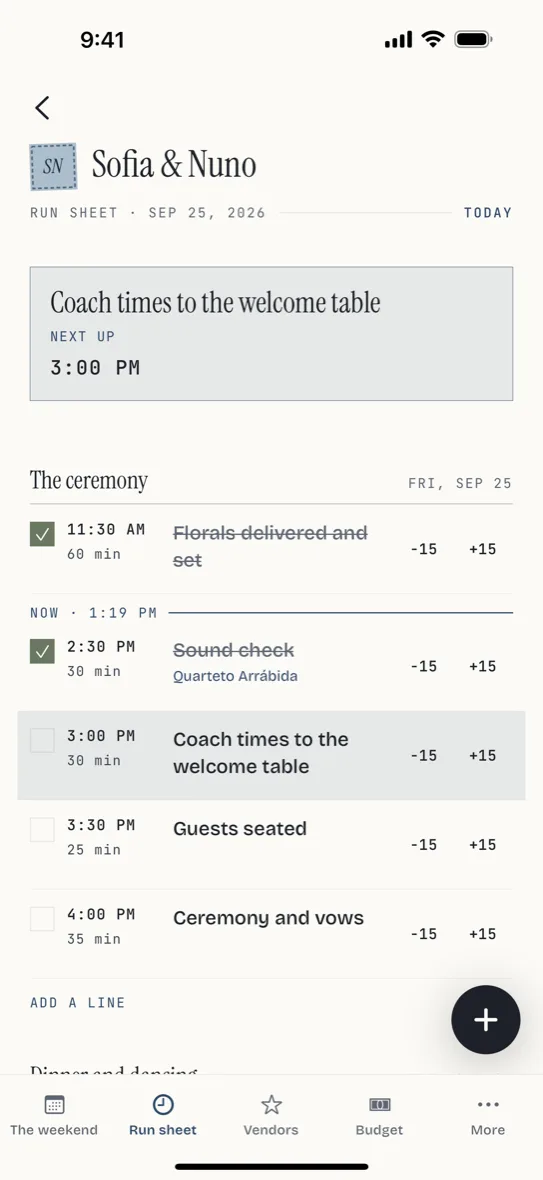 The wedding run sheet on the phone, with the next line pinned and completed lines struck through