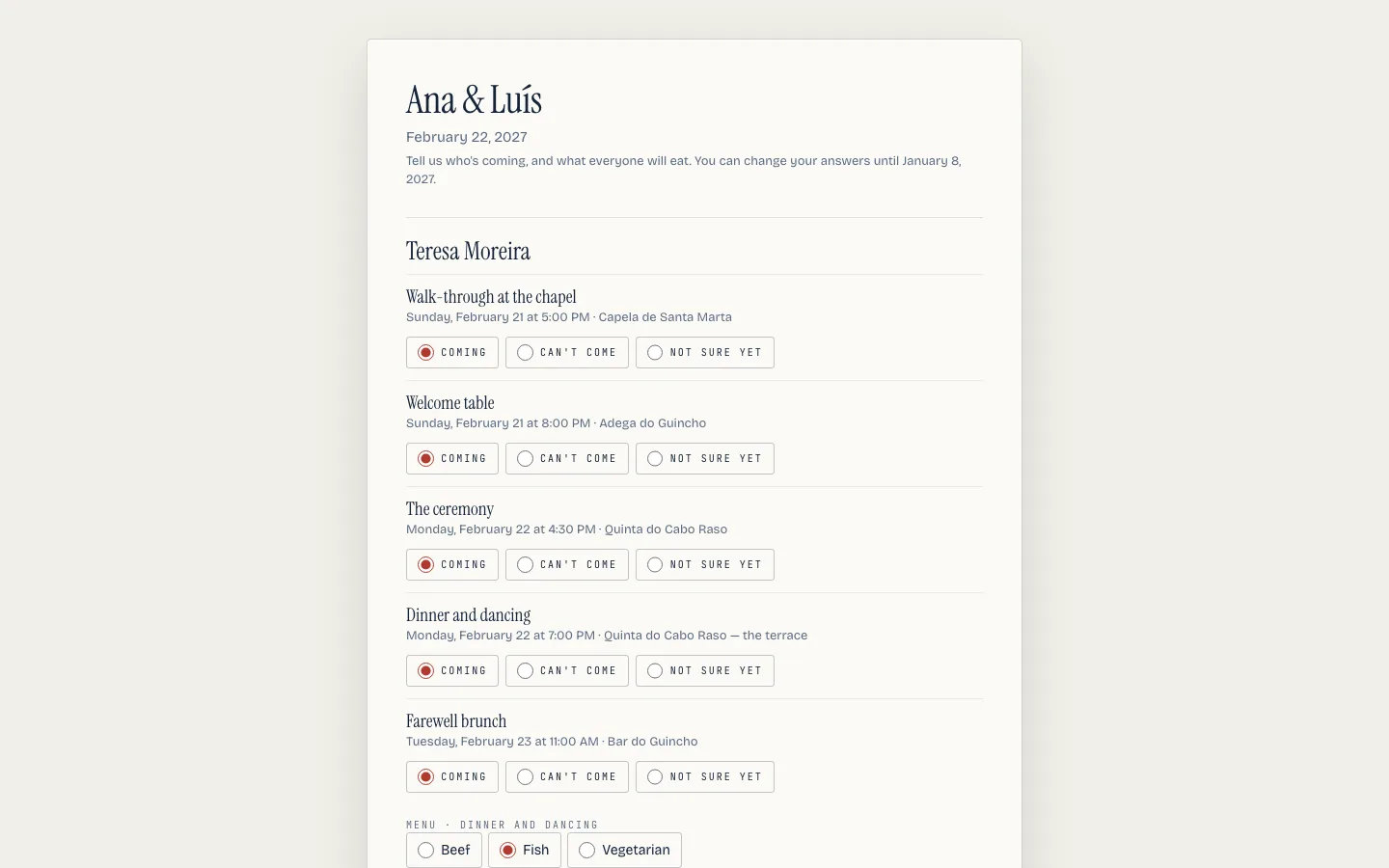 What a household opens: a card per person, a row per moment, and the menu underneath
