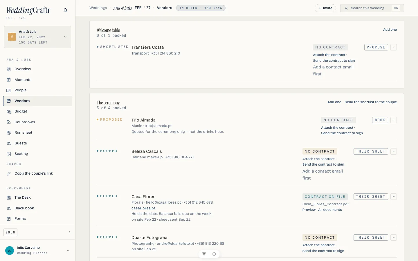 The vendor pipeline: a booked vendor's arrival, the sheet that has gone out, and the two ways to send the next one